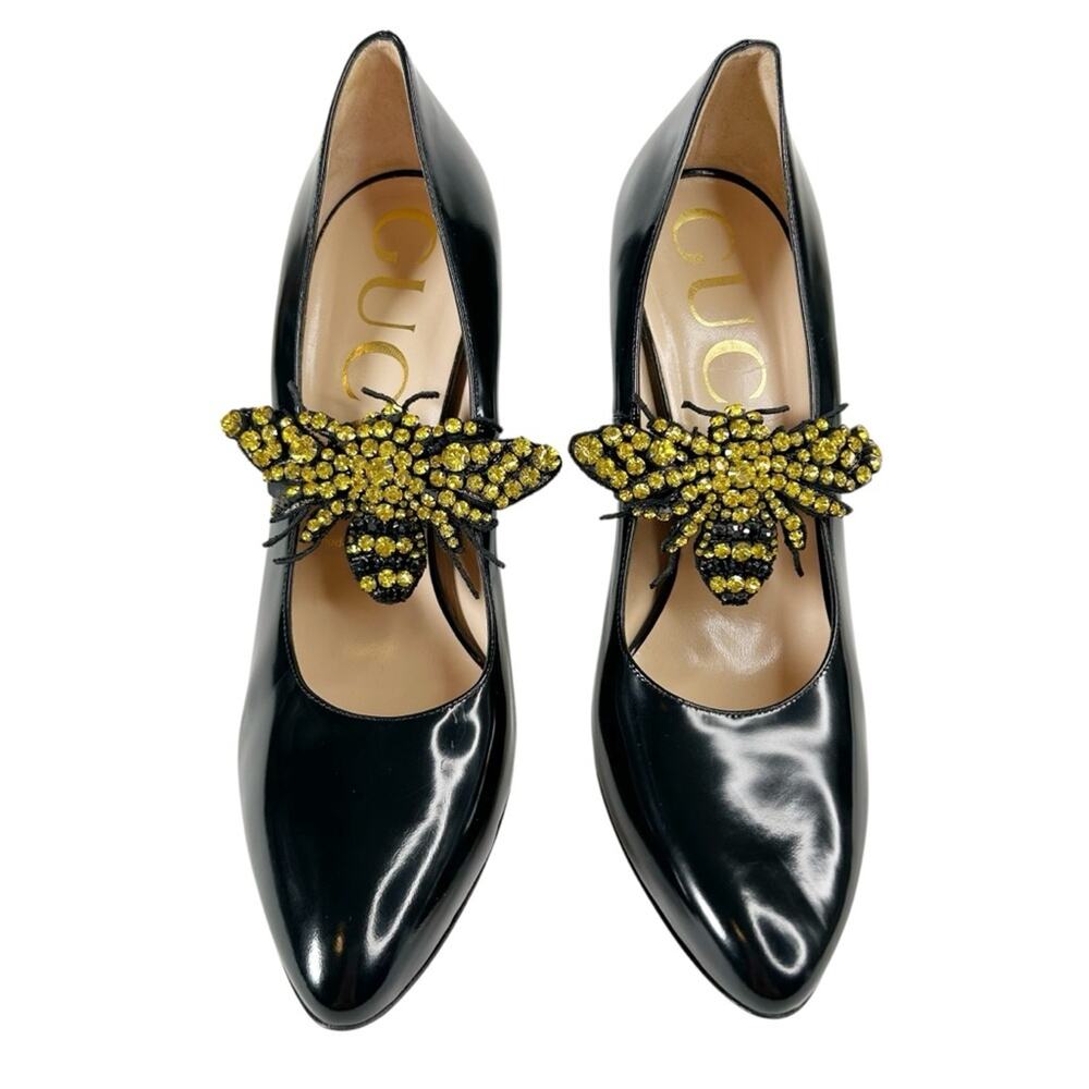 GUCCI Elaisa Polished Calfskin Crystal Bee Stiletto Pumps - Picture 3 of 15